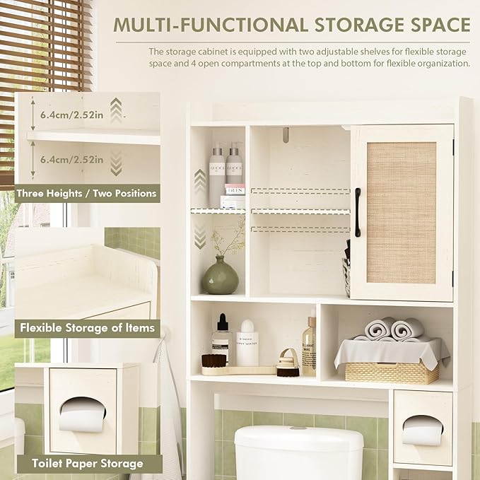 RUSTOWN Rattan Over The Toilet Storage Cabinet,Boho Over Toilet Bathroom Organizer with 2 Doors & Adjustable Shelves,Modern Above Toilet Rack with Toilet Paper Holder for Bathroom (Vintage White)