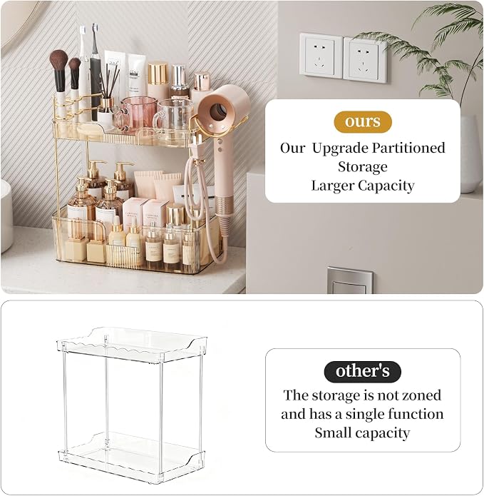 Bathroom Counter Organizer for Vanity, Makeup Organizer Countertop with Holder, Large Capacity Storage Rack, Perfect Large Skincare, Hair Care, Perfume, Easy to Install (Gold, 2Tiers)