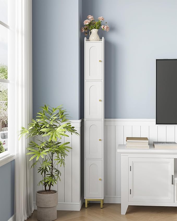 Hzuaneri 4-Tier Narrow Tall Storage Cabinet, Slim Bathroom Storage Cabinet with 4 Adjustable Feet and Shelves, Bathroom Organization for Small Space, Kitchen, Living Room, Laundry Room White BC42213G