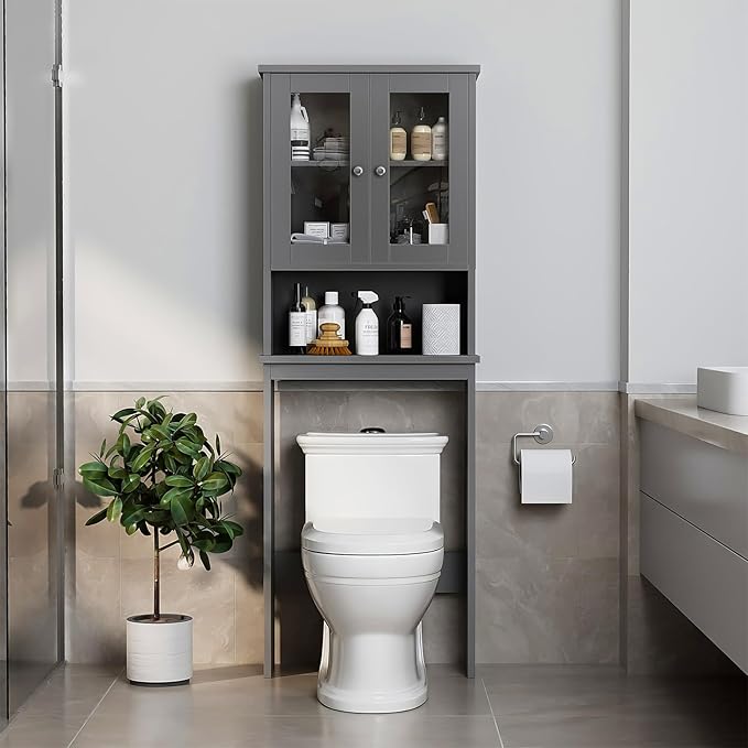 Over the Toilet Storage Cabinet, Bathroom Storage Cabinet Over Toilet, Space Saver with 2 Tempered Glass Doors, Grey