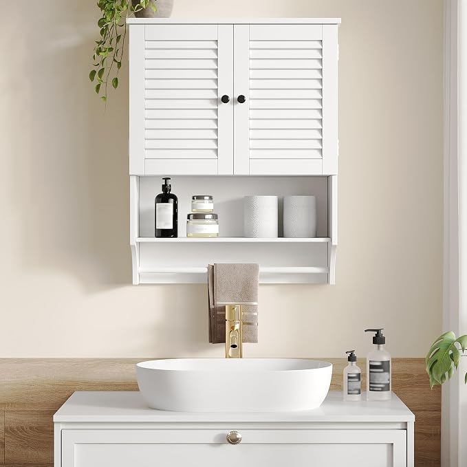 ChooChoo Medicine Cabinet with Towels Bar, 23.6" L x 8.8" W x 29.5" H MDF Material Bathroom Wall Cabinet, 2 Doors Over The Toilet Space Saver Storage Cabinet with Large Space, White