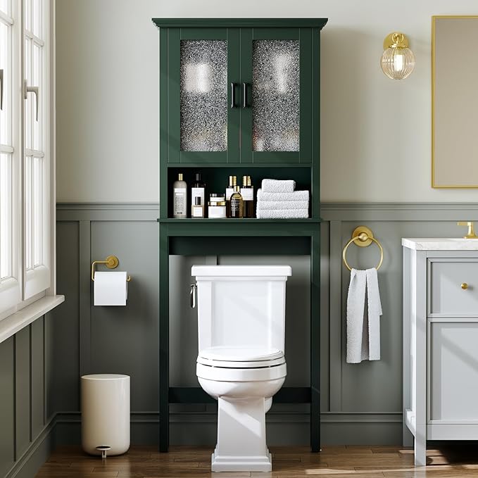 Over The Toilet Storage Cabinet, Over Toilet Storage with Glass Doors and Adjustable Shelf, Thicken Frame Above The Toilet Storage Cabinet Behind The Toilet Bathroom Organizer, Forest Green