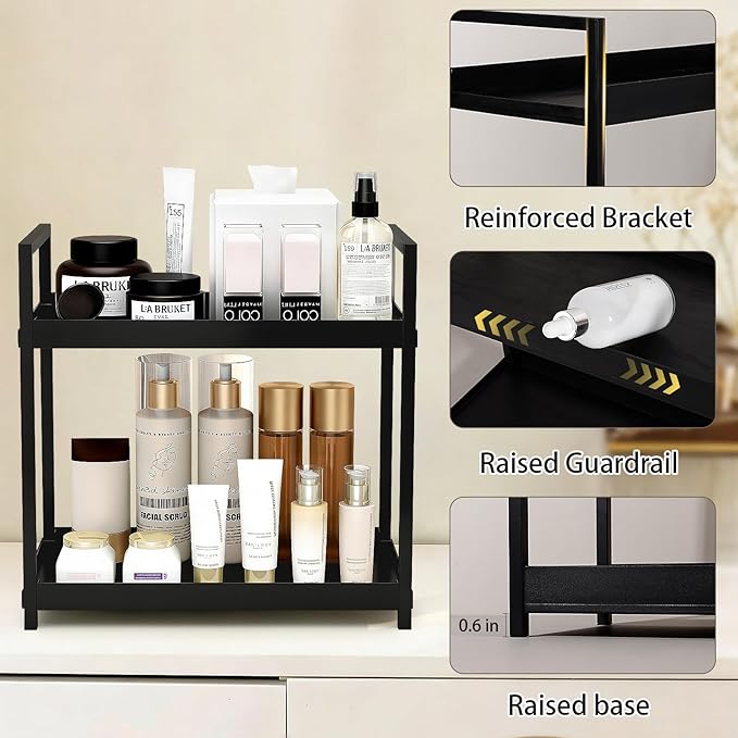 Bathroom Counter Organizer 2 Tier Vanity Storage Countertop Shelf Makeup Organizer Perfume Tray Skincare Holder for Sink, Dresser, Kitchen, Large Black