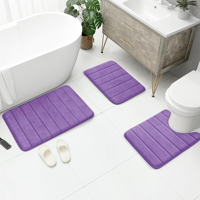 BYSURE Lavender Memory Foam Bathroom Rug Set 3 Piece, Non Slip Extra Soft Absorbent Machine Washable Toilet Bath Toilet Mat (17"x24"+20"x32"+U Shape 20"x24")