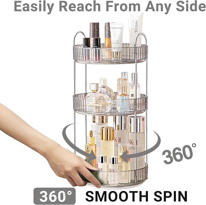 Asayuee 360 Rotating Makeup Organizer,3 Tier Large Capacity Make Up Organizers and Storage,Makeup Organizer for Bathroom,Cosmetic Perfume Stand Organizer(Grey-3 Tier)