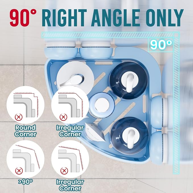 TAILI Corner Shower Caddy with Suction Cups, Wall Mounted Organizer Plastic Rack for Small Bathrooms, Kitchen, Removable Drill-Free Heavy Duty Shelf Basket, BLUE
