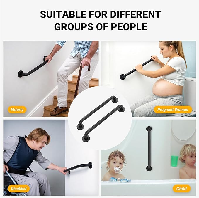 Anti Slip Grab Bars for Shower Black, Safety Textured Grip Shower Grab Bars for Seniors, Holds up to 500LBs, Knurled Handicap Grab Bars for Wall with Concealed Screws, 16 Inch