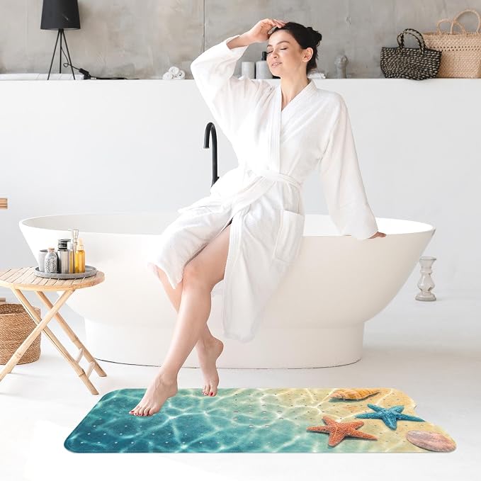Seashell Summer Beach Bath Mat Non Slip, Starfish Blue 40 X 16 Inch Extra Long Bathtub Shower Mat for Tub Anti Slip with Suction Cups and Drain Holes for Kids Adults Elderly