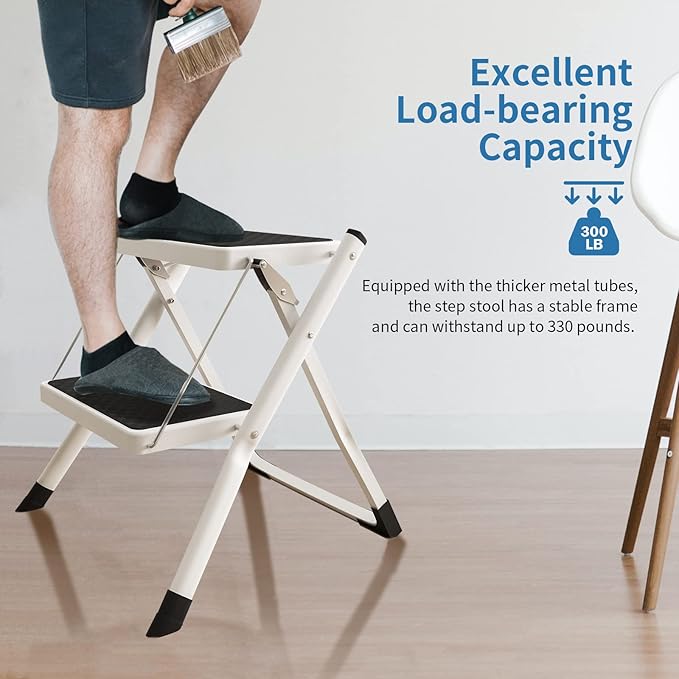 2 Step Stool Folding Step Ladder with Anti-Slip Base and Wide Pedal, Lightweight Sturdy 330 lbs Portable Step Stool for Kitchen Pantry Closet Office Garage Travel Indoor Outdoor Use, White