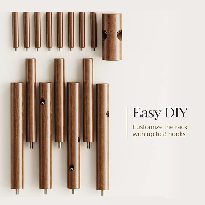 Pipishell Solid Wooden Coat Rack Freestanding, Hall Tree with 8 Hooks, 3 Height Options for Coats, Hats, Handbags, and Scarves, Tool-Free Assembly, Space Saving Design for Entryway, Office, Bedroom