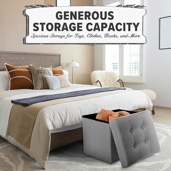 LINMAGCO Small Storage Ottoman Stool Foot Rest Stool Under Desk Stool Short Folding Ottoman Linen Cloth Light Gray 17X13X13IN