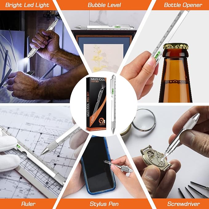 9 in 1 Multi-Tool Pen for Men, Tools with Ballpoint Pen, Screwdrivers, LED Light, Ruler, Stylus, Bubble Level and Bottle Opener, Practical Fathers Day Birthday Gifts for Men Dad Handyman DIY Lovers