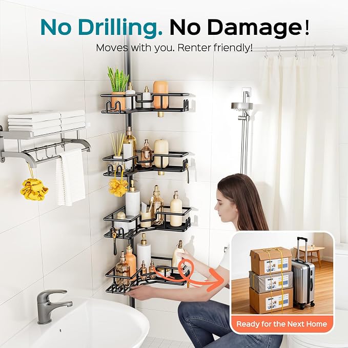 HAMITOR Shower Caddy Tension Pole: 4-Tier Adjustable Corner Bathroom Organizer - Heavy Duty Rustproof L-Shaped Shelves- No Drilling Space-Saving Storage Rack for Family & Renters- 47-123 inch Black