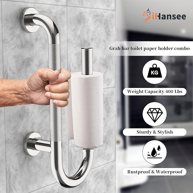𝐔𝐩𝐠𝐫𝐚𝐝𝐞𝐝 Toilet Grab Bars 16 Inch - Toilet Paper Holder Grab Bar Stainless Steel Knurled Toilet Grab Bars for Seniors Bathtub Bathroom Rails for Elderly Safety Balance Support, Chrome