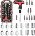 Amazon Basics 27-Piece Magnetic T-Handle Ratchet Wrench and Screwdriver Set with Bits and Sockets, Storage Case for Household Repair