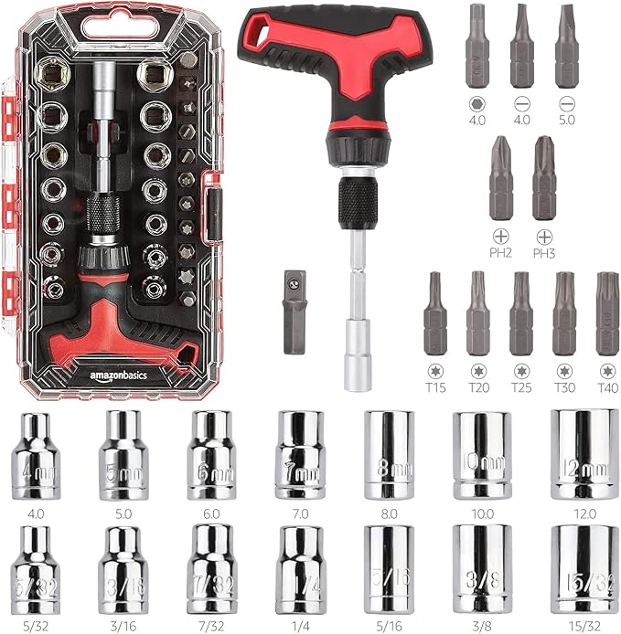 Amazon Basics 27-Piece Magnetic T-Handle Ratchet Wrench and Screwdriver Set with Bits and Sockets, Storage Case for Household Repair