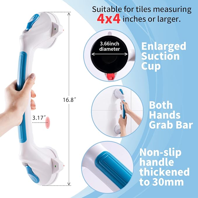 Shower Grab Bars for Seniors 2 Pack,16.8" Suction Shower Handle with Safety Indicator, No-Drill Bathroom Safety Rails for Elderly, Bathtub & Tile/Glass (Blue)