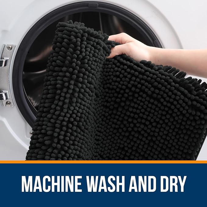 OLANLY Bathroom Rugs 30x18, Extra Soft Absorbent Chenille Bath Rugs, Rubber Backing Quick Dry, Machine Washable Bath Mats for Bathroom Floor, Tub and Shower, Home Decor Accessories, Black
