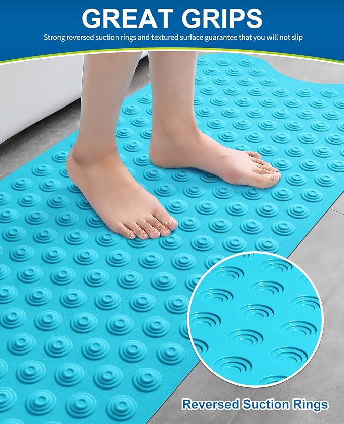Bligli Bathtub Mat Non-Slip Without Suction Cups, 39x16inch Extra Long Bath Mats for Shower Bathroom, Machine Washable Natural Rubber Shower Tub Mat (39x16inch, Blue)