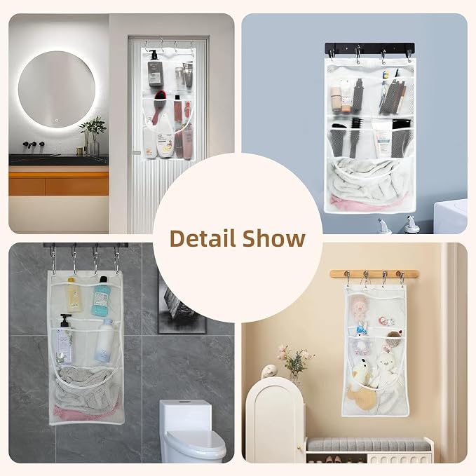 2PCS Mesh Shower Organizer Hanging,Shower Curtain Liner Pockets Hanging with Pockets Quick Dry Cruise RV Camper Bathroom Organizer with Shower Curtain Hooks