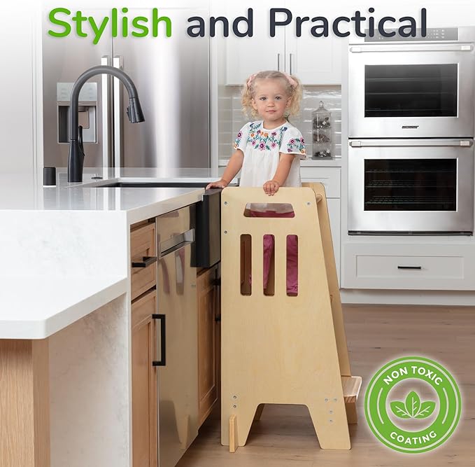 OCODILE Toddler Tower with a Sliding Door and 3 Adjustable Heights - Safe Toddler Kitchen Step Helper with Support Feet - Updated Design for 18+ Months to 6-Year-Old Kids - Varnished