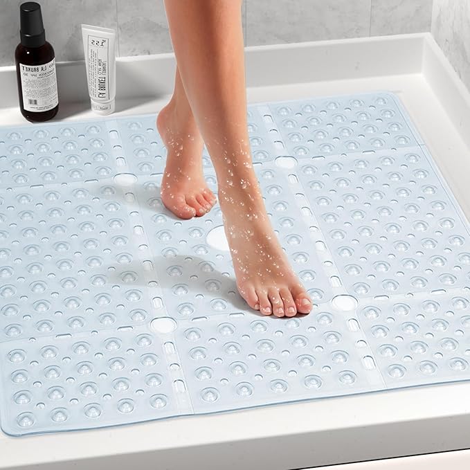 Large Square Shower Mat 27 x 27 Inch Clear, Non Slip Shower Bathtub Mats for Inside Shower With Big Suction Cups Drain Holes, Anti Slip Bathroom Floor Shower Stall Mats, Easy Clean, BPA-Free