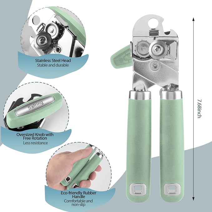 Safring Can Opener Manual, Heavy Duty Handheld Strong Can Opener with Soft Touch Handle, Sharp Blade Smooth Edge, Can Openers with Multifunctional Bottle Opener, Mint