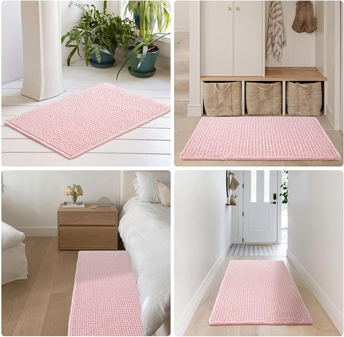 TYUU Light Peachy Pink Long Bathroom Rugs, Waffle Runner Rug Bathroom Non Slip Washable Quick Dry Cute Bath Mat Boho Farmhouse Bath Mat, 72"x24" Light Peachy Pink