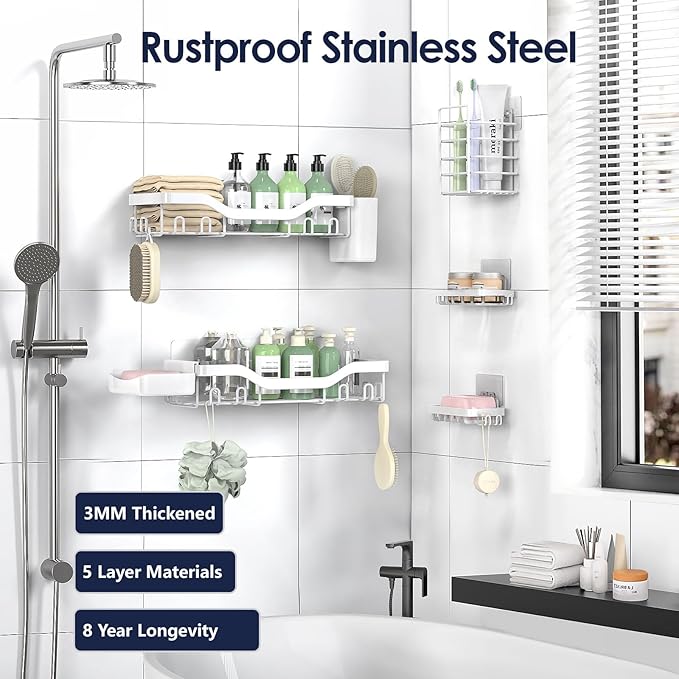 NESOMI Shower Caddy Adhesive Shower Organizer 7-Pack, Rustproof Stainless Steel Bathroom Shelves, Large Capacity No-Drill Rack Storage Accessories with Soap Dish Toothbrush Holder Hooks