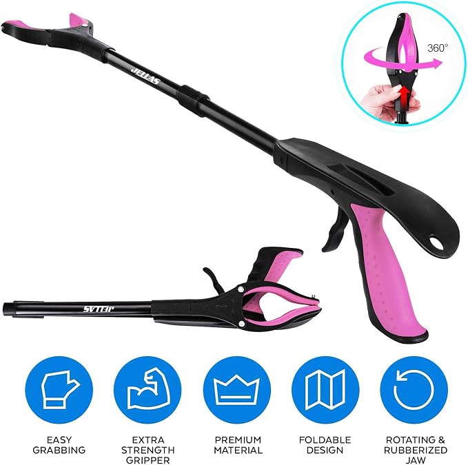 Jellas 2-Pack 32 Inch Grabber Reacher Tool with Shoehorn, 360° Rotating Head Grabber Tool for Elderly, Outdoor and Indoor Trash Picker Grabber (Purple)