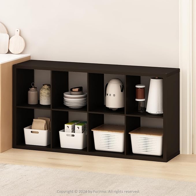 Furinno HERMITE Kitchen Island, 8-Cube Coffee Bar, Extra Thick Kitchen Storage, Bakers Rack, for Pantry Organizers and Storage, Kitchen Organization, Black Dark Oak