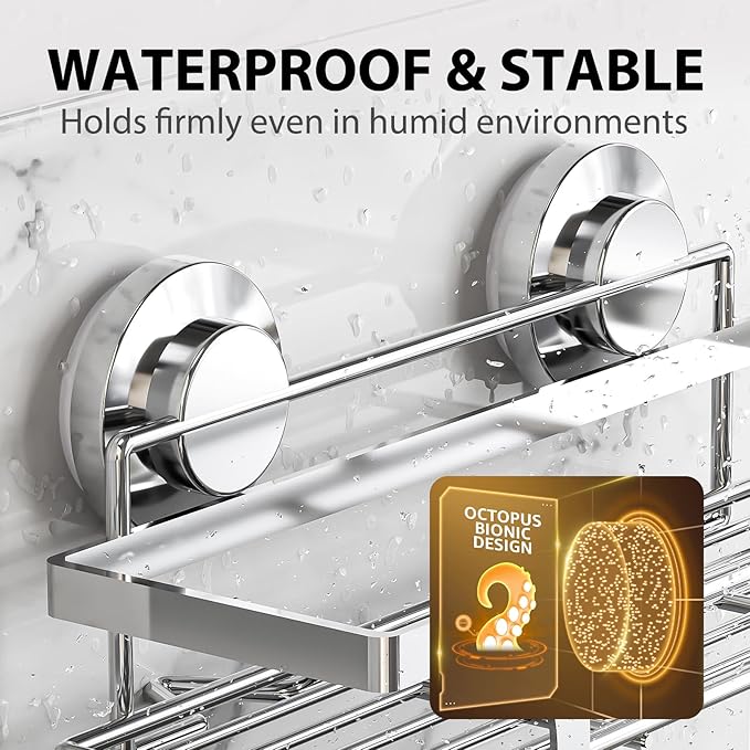 LEVERLOC Shower Caddy Suction Cup 2 Pack, Shower Shelf for Inside, Large Capacity Bathroom Organizers and Storage, Rustproof & Waterproof Metal Bath Basket, Silver
