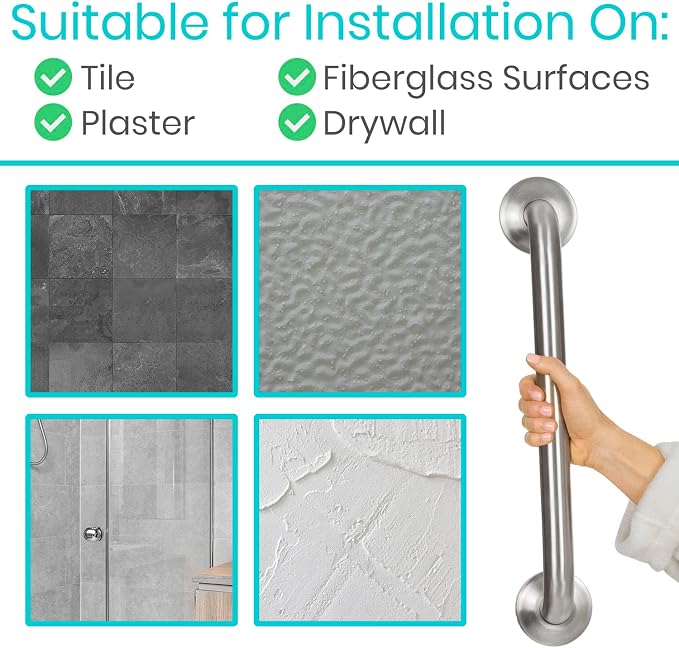 Vive Grab Bar for Showers - Bathroom Antislip Handrail for Seniors, Elderly Assistance Product, Heavy Duty Shower Handles, Handicap Grab Bars, Stainless Steel, Multipurpose, 440 lbs (Brushed Nickel)