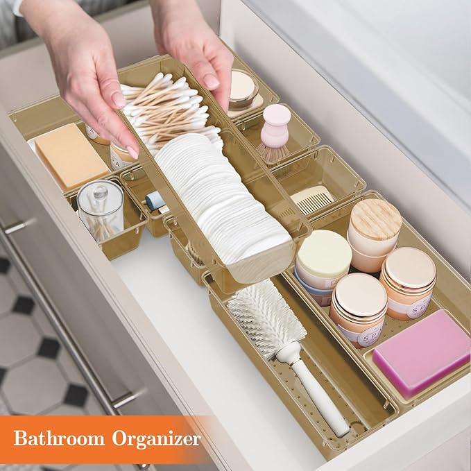SpaceHacks 25 PCS Plastic Drawer Organizer Set, 4-Size Versatile Organizer Trays & storage Bins for Makeup, Jewelry, and Gadgets in Bathroom, Bedroom and Office,Champagne