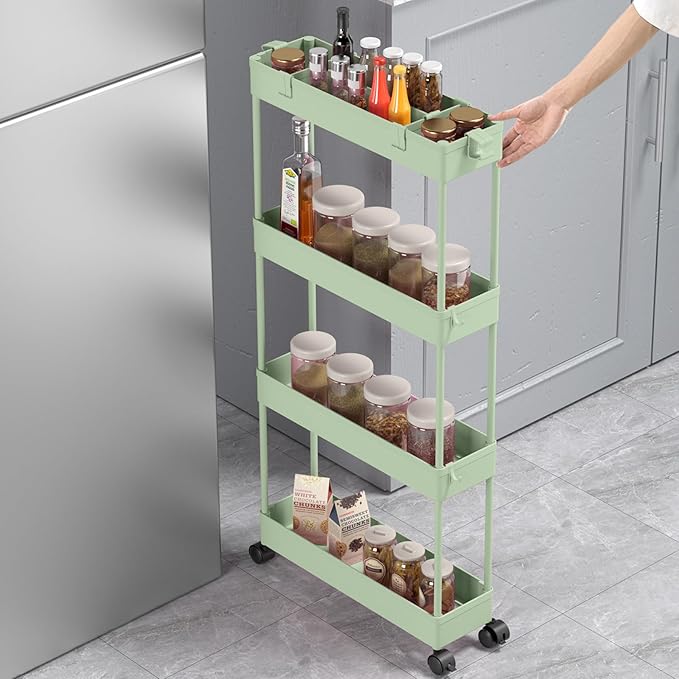 SPACELEAD Slim Storage Cart 4 Tier,Bathroom Organizer Rolling Utility,Mobile Shelving Unit Slide Out for Office, Kitchen, Laundry Room & Narrow Places，Green
