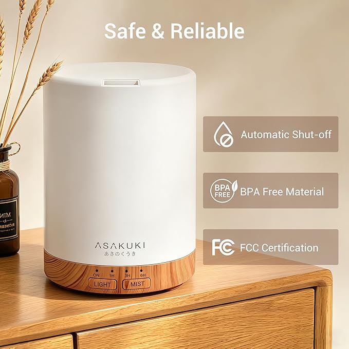 ASAKUKI Essential Oil Diffuser for Home, 300 ml Humidifier with Automatic Shut-Off, Quiet Aromatherapy Diffuser with 7 LED Lights for Living Room, Kitchen, Bedroom, Hotel - Light Brown