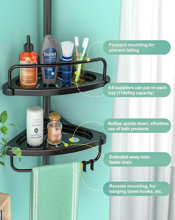 ADOVEL 4 Layer Corner Shower Caddy, Stainless Steel Constant Tension Pole Shower Organizer, Adjustable Corner Shower Shelf, Rustproof 3.3 to 9.8 ft