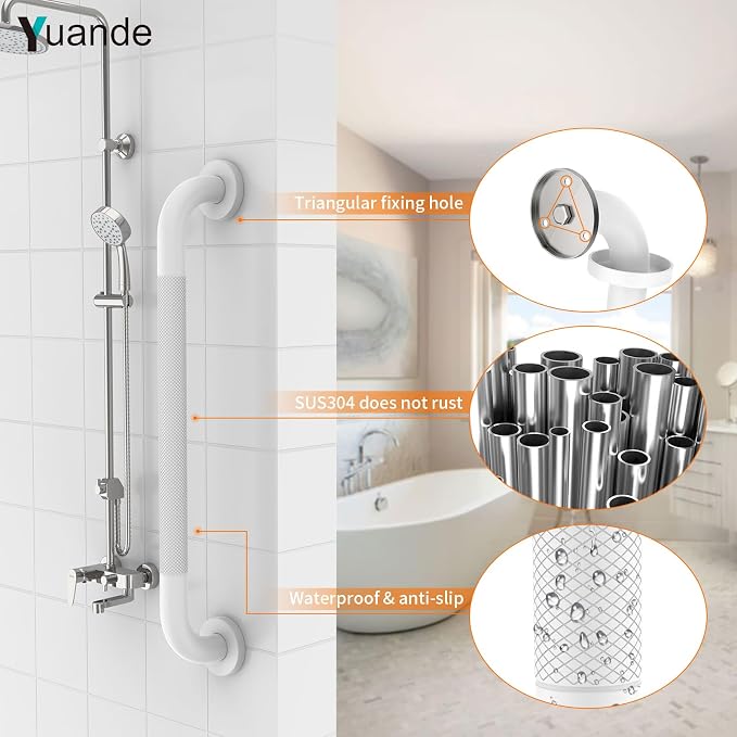 24 Inch Anti Slip Shower Grab Bar, YuanDe White Stainless Steel Bath Grab Bar, Knurled Bathroom Safety Rail, Shower Handrail Support, Handicap Elderly Balance Assist Handles-1.25" Diameter