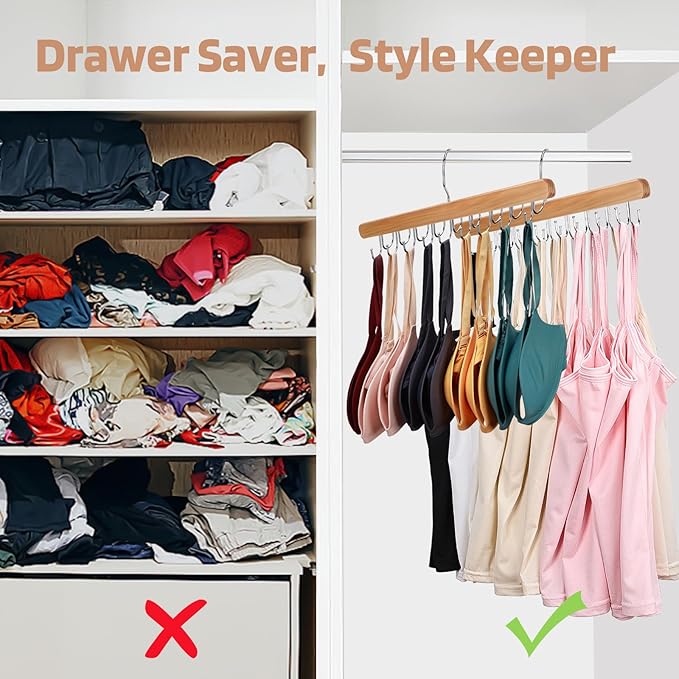 NECAMOCU 2 Pack Bra Hanger for Closet Organizer, Premium Wooden Tank Top Hangers with 36 Foldable Hooks, 360° Rotating Design, Space Saving Storage for Tank Tops, Bras, Scarves and More