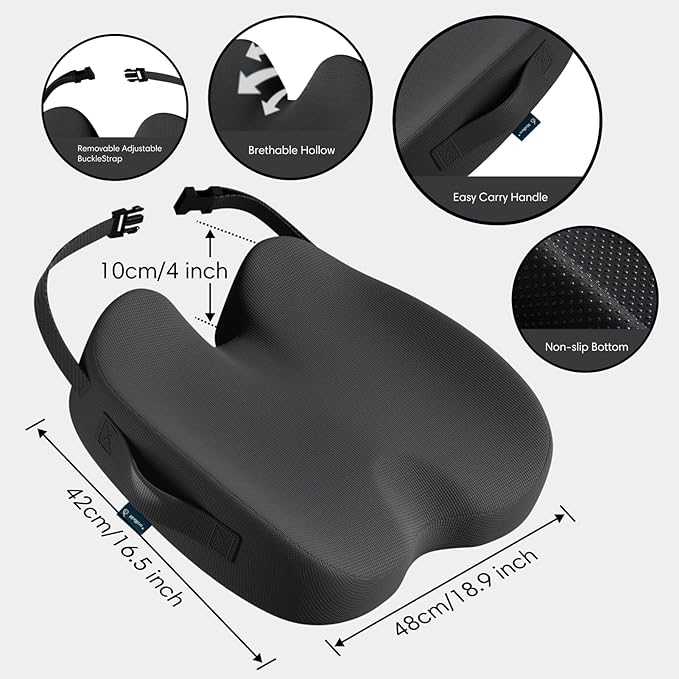 Large Memory Foam Seat Cushion for Office Chair, Car, Truck & Wheelchair - Sciatica Ease, Coccyx & Tailbone Pain Relief Cushion for Long Sitting & Driving