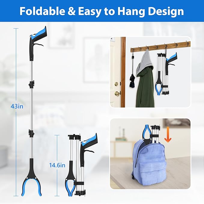 43" Long Grabber Reacher Tool, Foldable Grabber for Seniors with Magnetic Tip, 360° Rotating Anti-Slip Claw, Extension Reacher Pickup Tool Long Arm Trash Picker for Elderly Recovery