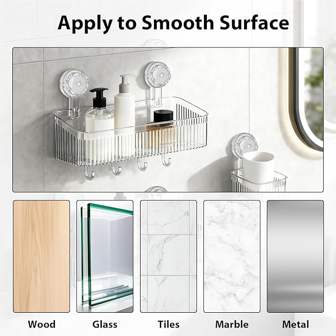 3 Pack Suction Cup Shower Caddy, Clear Shower Shelves No Drilling with Movable Hooks & Toothbrush Holder, Wall Storage Shelves for Bathroom, Kitchen
