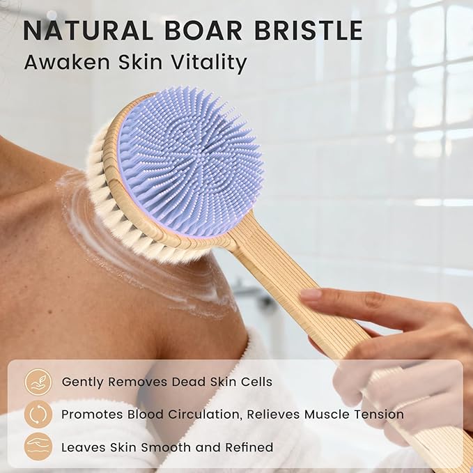 Back Scrubber for Shower - Double-Sided Silicone and Super-Dense Bristles for Deep Cleaning & Exfoliation, Bamboo Long Handle with Wider Anti-Slip Grip, Body Exfoliator for Wet or Dry Brushing