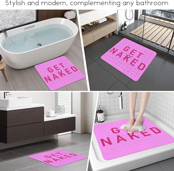 Bathtub Mat Non Slip, Get Naked Square Bath tub Mat Shower Floor Mat with Suction Cups for Adults Kids Elderly 21 X 21 Inch