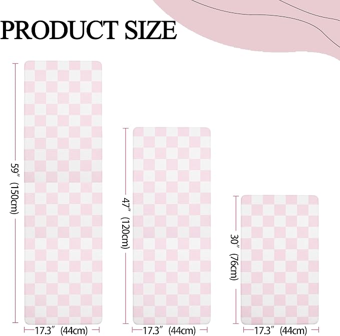 Pink Checkered Grid Checkerboard Kitchen Rug Sets [3 PCs], Anti-Fatigue, Waterproof Non-Slip Kitchen Mats Heavy Duty Ergonomic Comfort Foam Rug for Floor,Home,Laundry,17W x29/47/59" L
