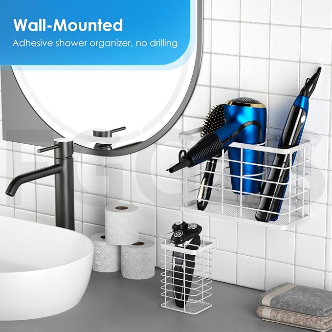 Agotglmi Hair Tool Organizer, Dryer Holder, 3 in 1 Blow Bathroom Organizer Wall Mounted/Cabinet Door for Flat Iron, Curling Straightener, Care & Styling Tools Storage Basket (White)