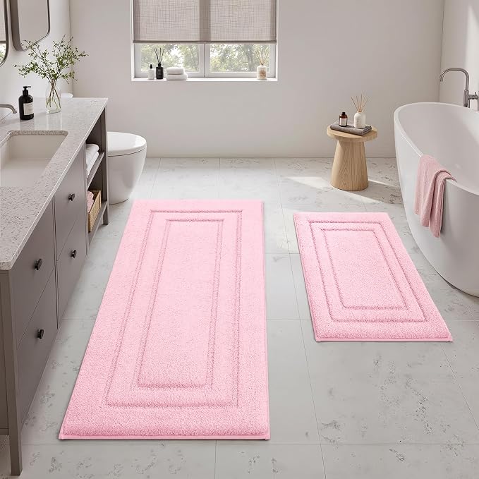 HOMEIDEAS 2 Pieces Large Bathroom Rug, Super Soft and Absorbent Long Rugs, Non Slip and Microfiber Bath Mat for Bathroom Decor (20"x47"+16" x 24", Light Pink)