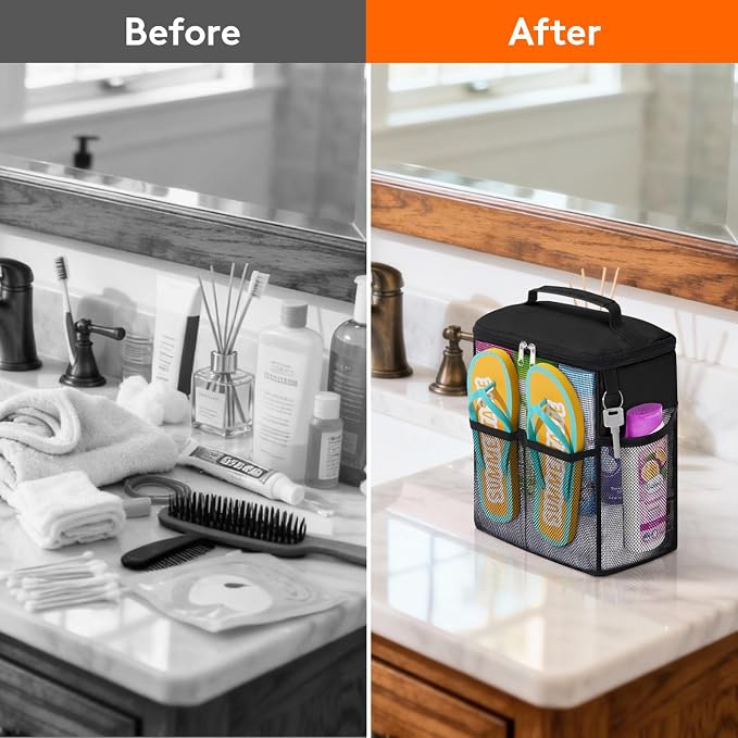 Lifewit Shower Caddy Portable, Toiletry Bag with Handle and 3 Mesh Pockets, Quick Dry Hanging Organizer for Bathroom, Gym, Travel, Camping, College Dorm Room Essentials for Women Men, Black