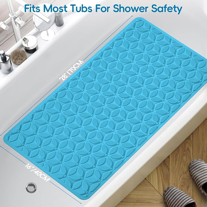 Bathtub Mat Non Slip with Suction Cups - 100% Rubber Bathroom Mat Textured for Bath Tub Shower Safety - Soft on Touch - BPA/PVC Free - Pet Dog Bath Mat - Machine Washable - 16 × 28 Inch（R Blue）