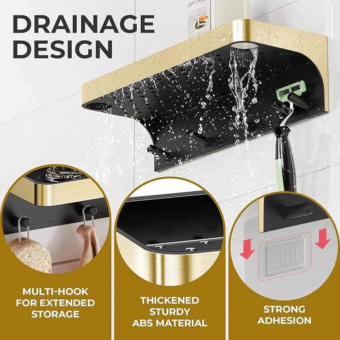 Shower Caddy Adhesive, Shower Shelve for Inside Shower, Bathroom Organizers and Storage for Accessories Holder, Rustproof Bathroom Wall Shower Rack Organize with 5 Hooks, No-drill, Gold